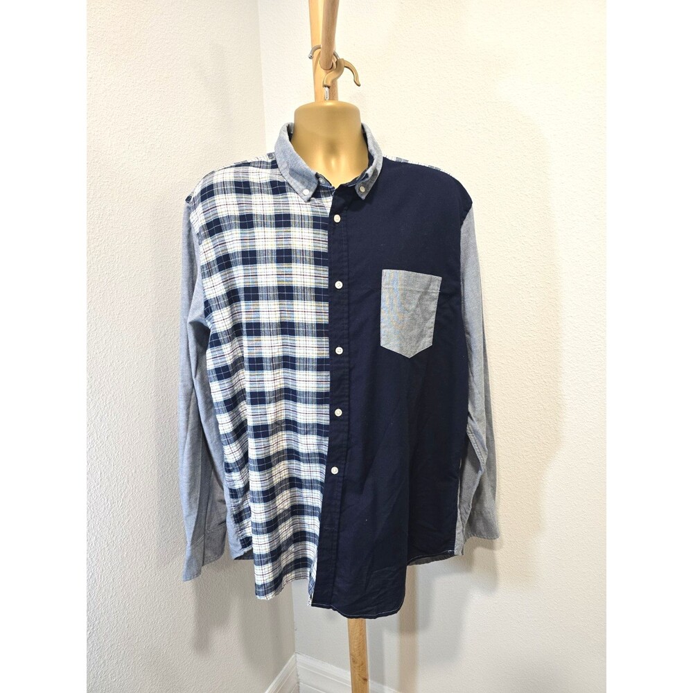 St Johns Bay Mens Button Down Shirt Sz XL Blue Mixed Color Block Plaid Patchwork